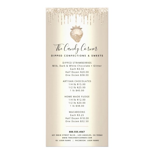 Gold Glitter Drift Strawberry Dessert Menu (Voorkant)