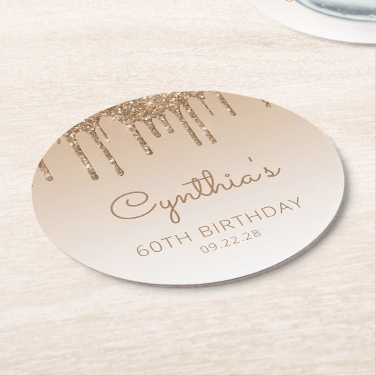 Gold Glitter Drip 60th Birthday Party Ronde Kartonnen Onderzetter (Gebogen)