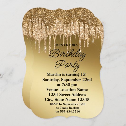 GOLD GLITTER DRIP ELEGANT BIRTHDAY INVITATION KAART (Voorkant / Achterkant)