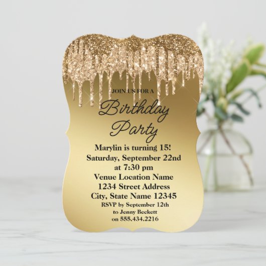 GOLD GLITTER DRIP ELEGANT BIRTHDAY INVITATION KAART (Staand voorkant)