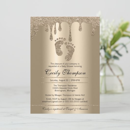 Gold Glitter Drip Luxury Metallic Baby Feet Shower Kaart (Staand voorkant)