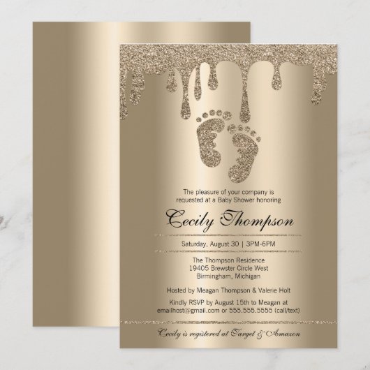 Gold Glitter Drip Luxury Metallic Baby Feet Shower Kaart (Voorkant / Achterkant)