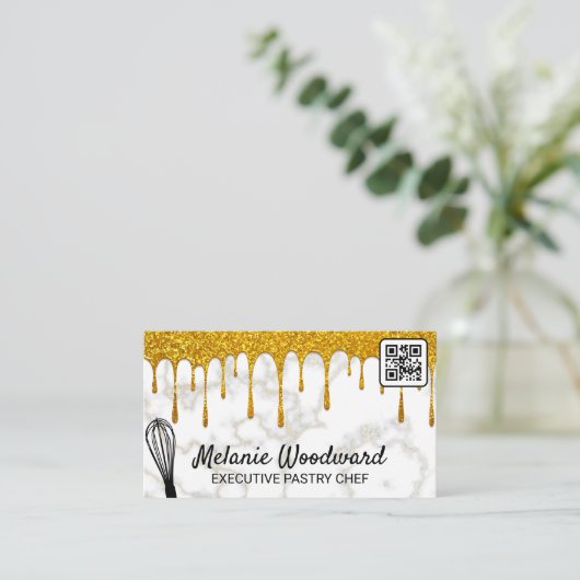 Gold Glitter Drip | Marmer | Whisk | QR-code Visitekaartje (Staand voorkant)