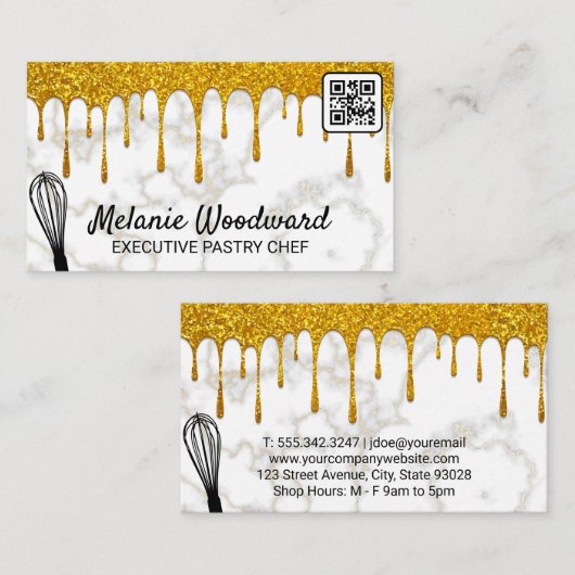 Gold Glitter Drip | Marmer | Whisk | QR-code Visitekaartje (Voorkant / Achterkant)