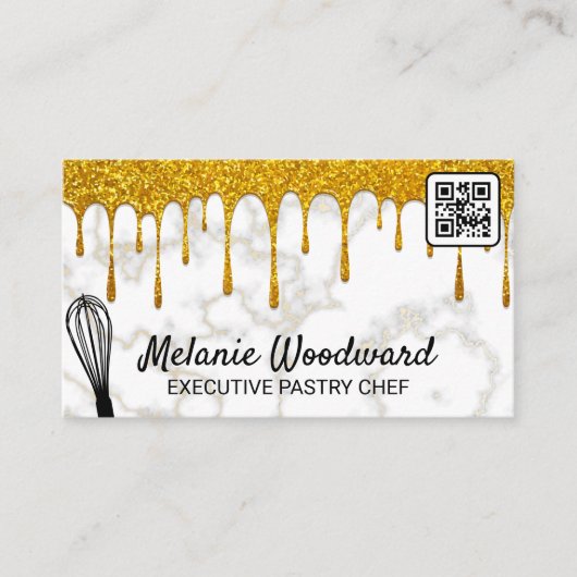 Gold Glitter Drip | Marmer | Whisk | QR-code Visitekaartje (Voorkant)