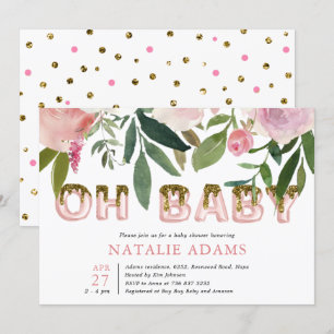 Gold Glitter Drip Oh Baby Blush Floral Baby shower Kaart