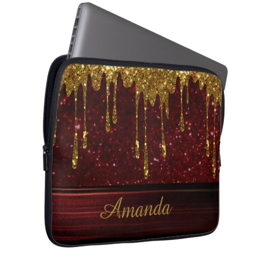 Gold Glitter Drip Red Sparkle Electronics Bag Laptop Sleeve (Voorkant Rechts)