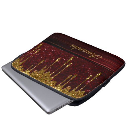 Gold Glitter Drip Red Sparkle Electronics Bag Laptop Sleeve (Voorkant onderkant)