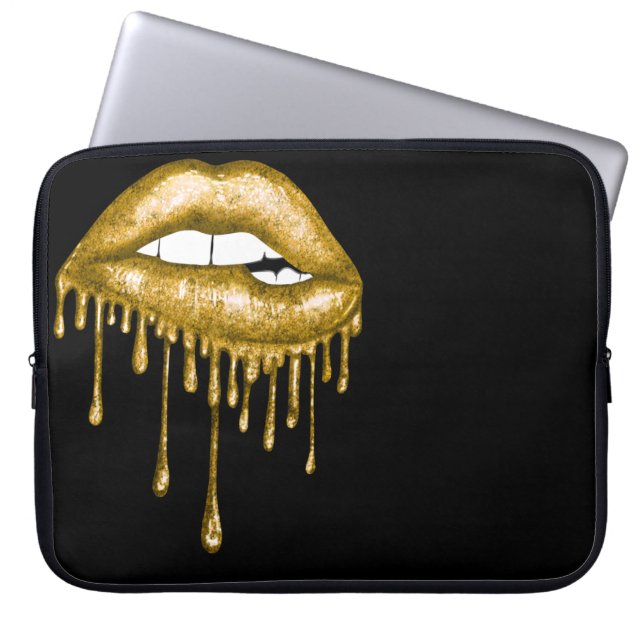 GOLD GLITTER DRIPPING LIPS LAPTOP SLEEVE (Voorkant)