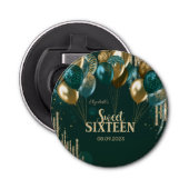 Gold Glitter Drips Balloons Green Sweet 16 Button Flesopener (Voorkant)