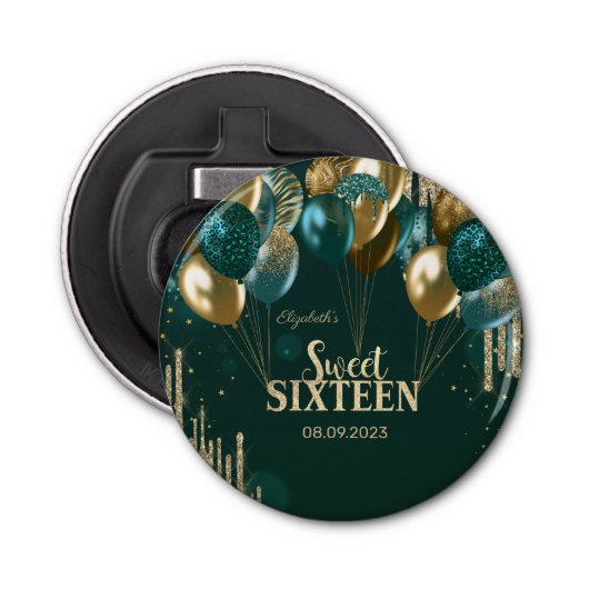 Gold Glitter Drips Balloons Green Sweet 16 Button Flesopener (Voorkant)