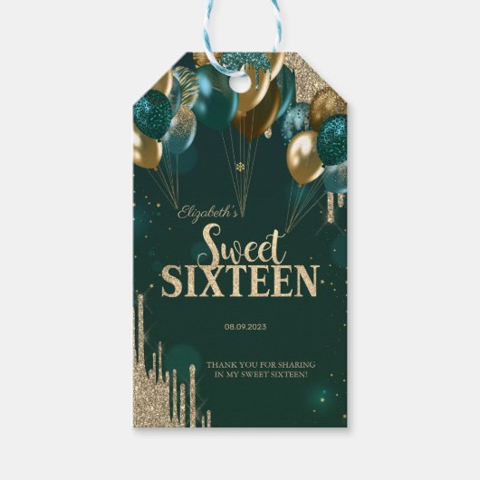 Gold Glitter Drips Balloons Green Sweet 16 Cadeaulabel (Voorkant)