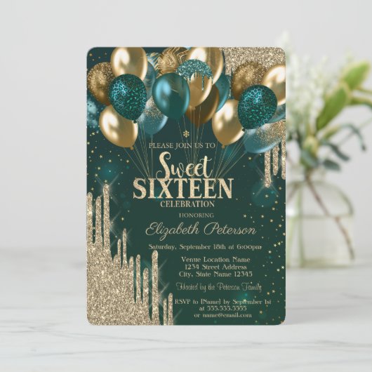 Gold Glitter Drips Balloons Green Sweet 16 Kaart (Staand voorkant)