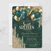 Gold Glitter Drips Balloons Green Sweet 16 Kaart (Voorkant)