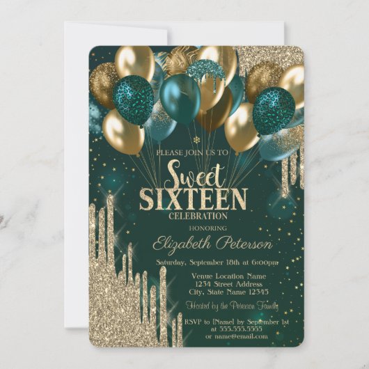 Gold Glitter Drips Balloons Green Sweet 16 Kaart (Voorkant)