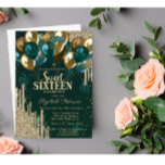 Gold Glitter Drips Balloons Green Sweet 16 Kaart<br><div class="desc">Een modern,  chic en glamoureus glitter druipt en ballonnen op een groene achtergrond.</div>