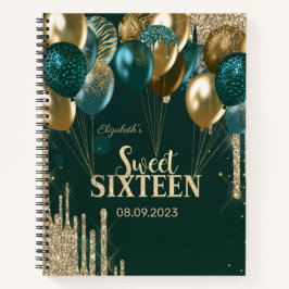 Gold Glitter Drips Balloons Green Sweet 16 Notitieboek