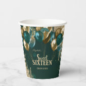 Gold Glitter Drips Balloons Green Sweet 16 Papieren Bekers (Voorkant)