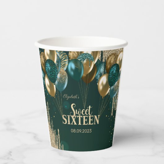 Gold Glitter Drips Balloons Green Sweet 16 Papieren Bekers (Voorkant)