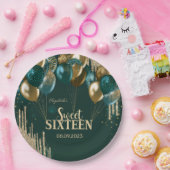 Gold Glitter Drips Balloons Green Sweet 16 Papieren Bordje (Feest)