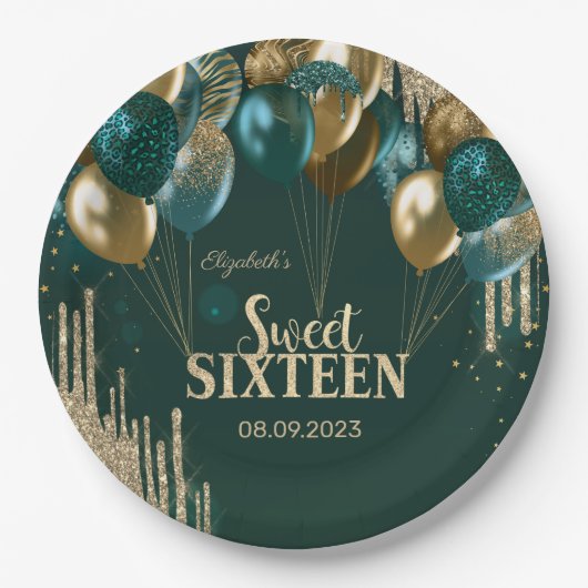 Gold Glitter Drips Balloons Green Sweet 16 Papieren Bordje (Voorkant)