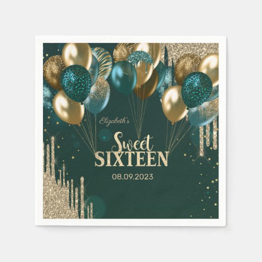 Gold Glitter Drips Balloons Green Sweet 16 Servet (Voorkant)