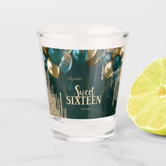 Gold Glitter Drips Balloons Green Sweet 16 Shot Glas (Voorkant)