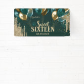 Gold Glitter Drips Balloons Green Sweet 16 Spandoek (Insitu)