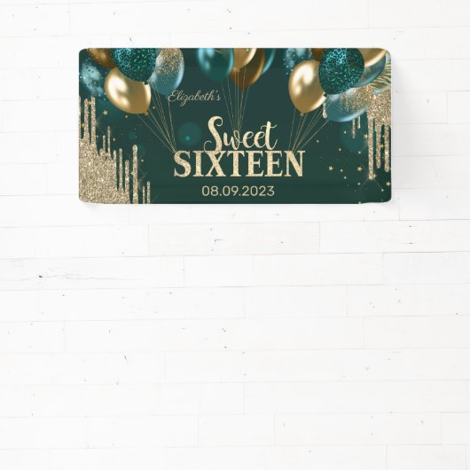Gold Glitter Drips Balloons Green Sweet 16 Spandoek (Insitu)