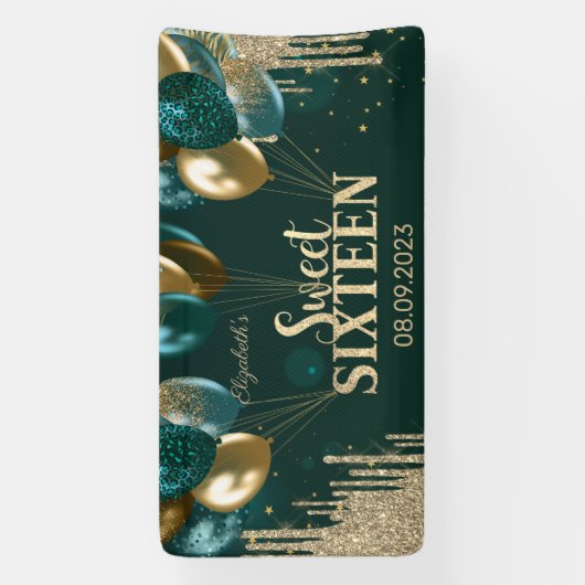Gold Glitter Drips Balloons Green Sweet 16 Spandoek (Verticaal)