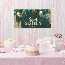 Gold Glitter Drips Balloons Green Sweet 16 Spandoek