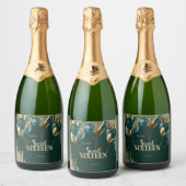 Gold Glitter Drips Balloons Green Sweet 16 Sparkling Wijnetiket (Flessen)