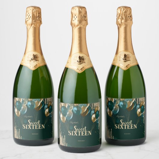 Gold Glitter Drips Balloons Green Sweet 16 Sparkling Wijnetiket (Flessen)