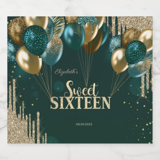 Gold Glitter Drips Balloons Green Sweet 16 Sparkling Wijnetiket (Enkel label)