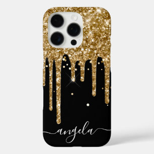 Gold Glitter Drips Black Glam Signature iPhone 16 Pro Hoesje