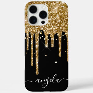 Gold Glitter Drips Black Glam Signature iPhone 16 Pro Max Hoesje