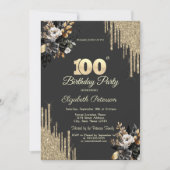 Gold Glitter Drips Black Roses Dark 100th Kaart (Voorkant)