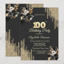 Gold Glitter Drips Black Roses Dark 100th Kaart