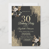 Gold Glitter Drips Black Roses Dark 30th Birthday  Kaart (Voorkant)
