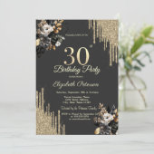 Gold Glitter Drips Black Roses Dark 30th Birthday  Kaart (Staand voorkant)