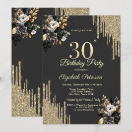 Gold Glitter Drips Black Roses Dark 30th Birthday  Kaart