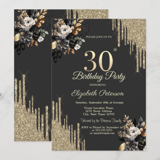 Gold Glitter Drips Black Roses Dark 30th Birthday  Kaart (Voorkant / Achterkant)