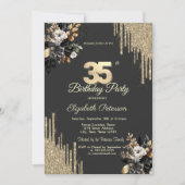 Gold Glitter Drips Black Roses Dark 35th Birthday Kaart (Voorkant)