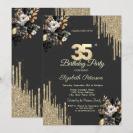 Gold Glitter Drips Black Roses Dark 35th Birthday Kaart