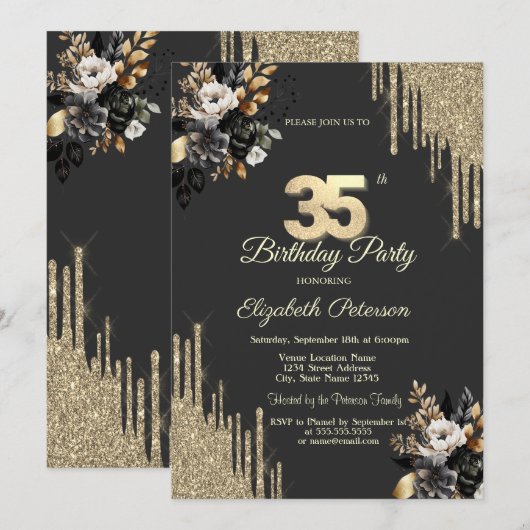 Gold Glitter Drips Black Roses Dark 35th Birthday Kaart (Voorkant / Achterkant)
