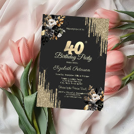 Gold Glitter Drips Black Roses Dark 40th Birthday Kaart