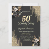 Gold Glitter Drips Black Roses Dark 50th Birthday Kaart (Voorkant)