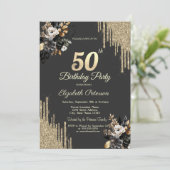 Gold Glitter Drips Black Roses Dark 50th Birthday Kaart (Staand voorkant)