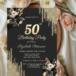 Gold Glitter Drips Black Roses Dark 50th Birthday  Kaart