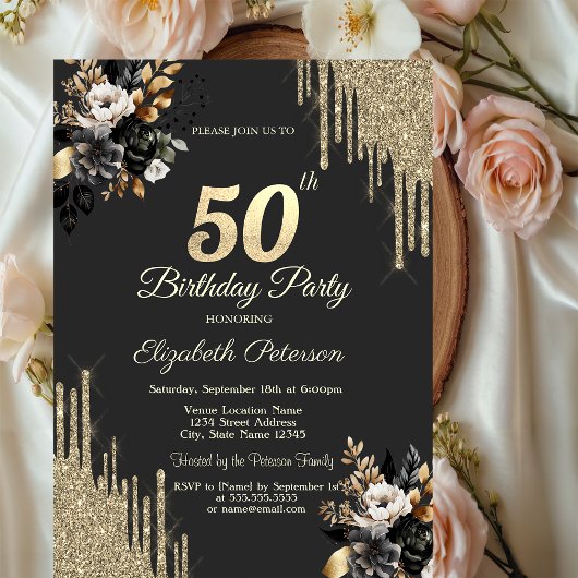 Gold Glitter Drips Black Roses Dark 50th Birthday Kaart